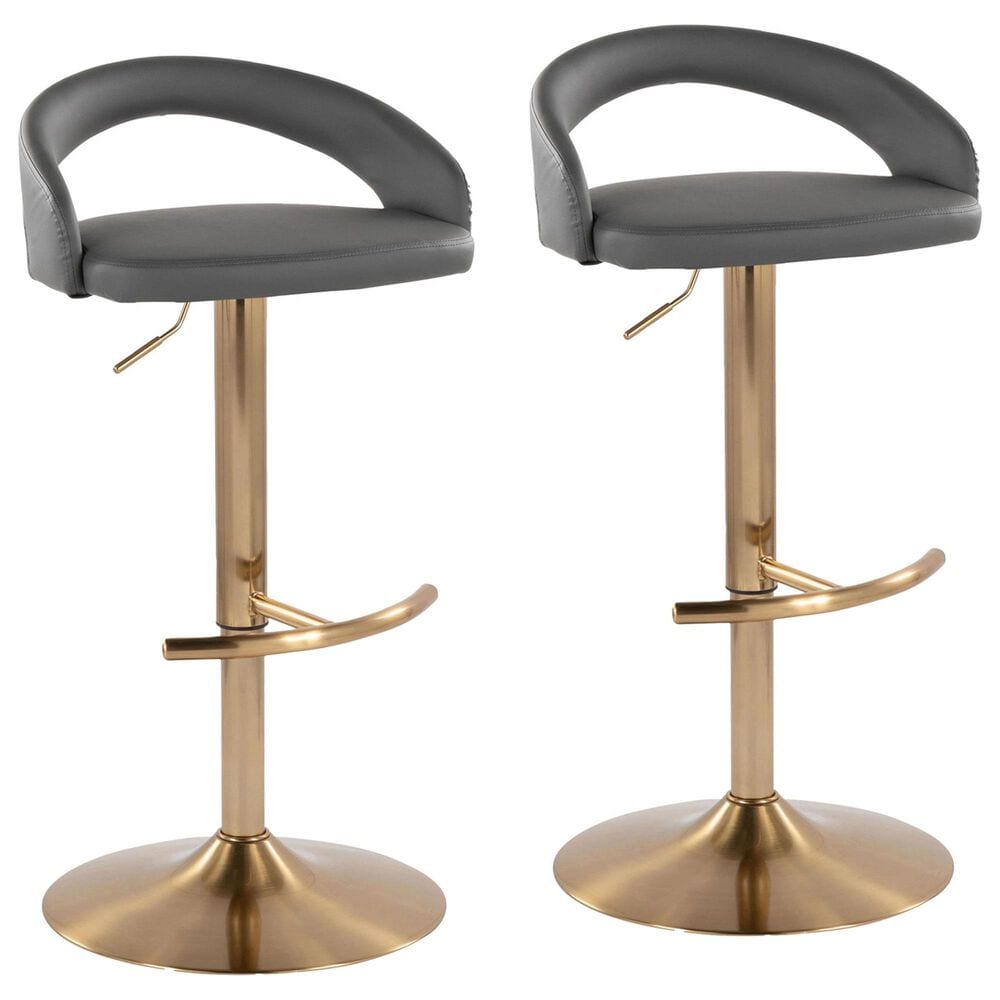 LumiSource Grotto Adjustable Bar Stool with Grey Faux Leather Upholstery in Gold (Set of 2), , large