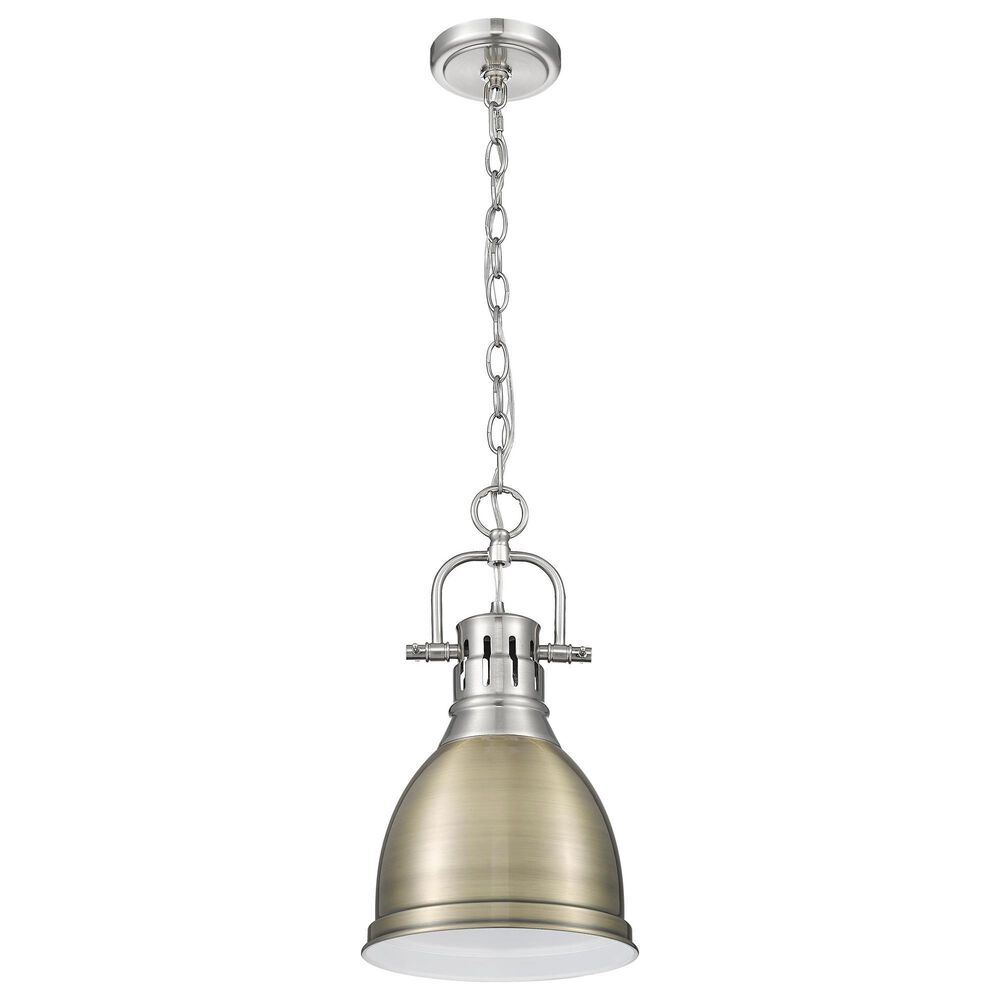 Golden Lighting Duncan 1-Light Small Pendant with Chain and Aged Brass Shade in Pewter, , large