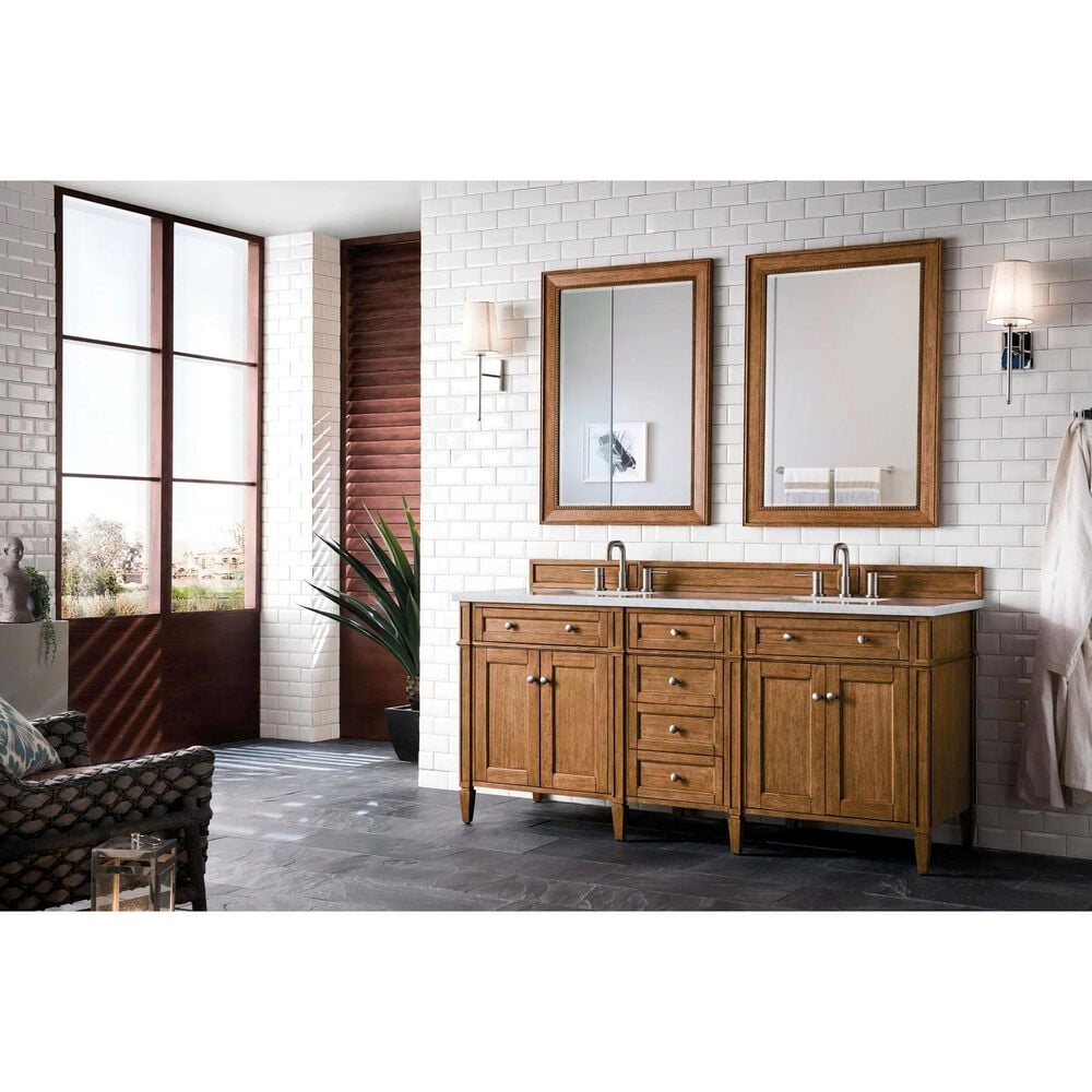 James Martin Vanities Brittany 72&quot; Double Bathroom Vanity in Saddle Brown with 3 cm Carrara White Marble Top and Rectangle Sinks, , large
