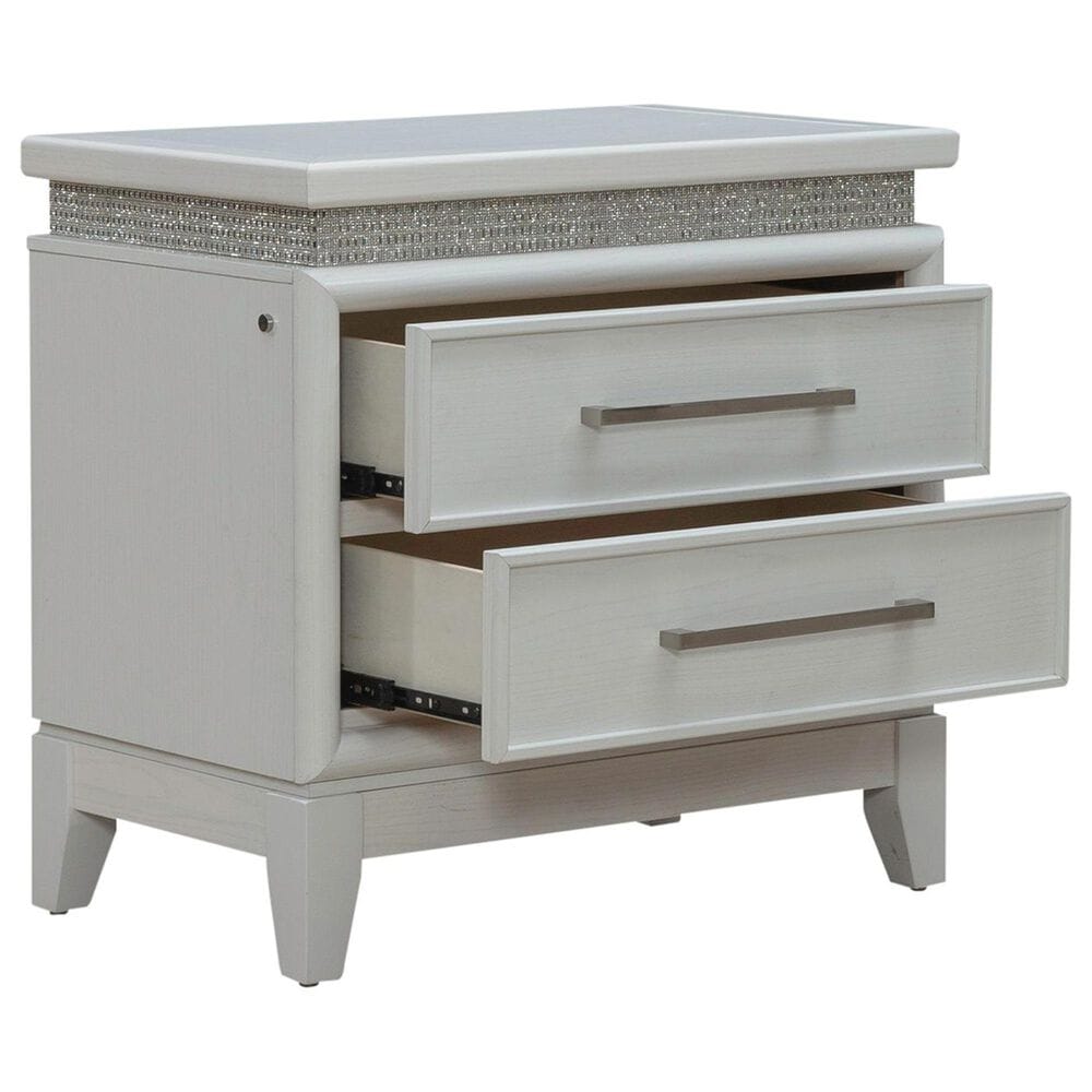 Belle Furnishings Reflections King Upholstered Bed with Two Nightstands in Pearl White and Rhinestone, , large