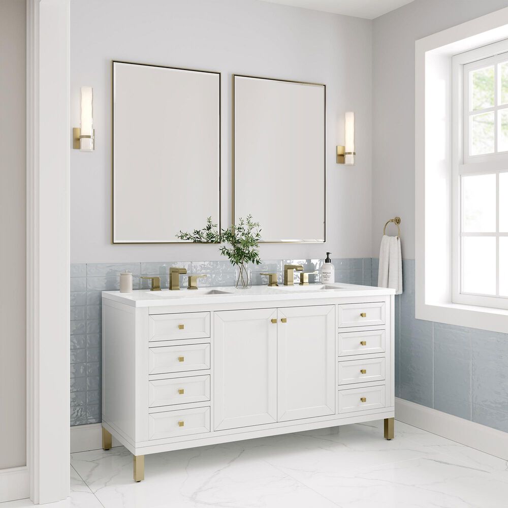 James Martin Vanities Chicago 60&quot; Double Bathroom Vanity in Glossy White with 3 cm White Zeus Quartz Top and Rectangular Sinks, , large