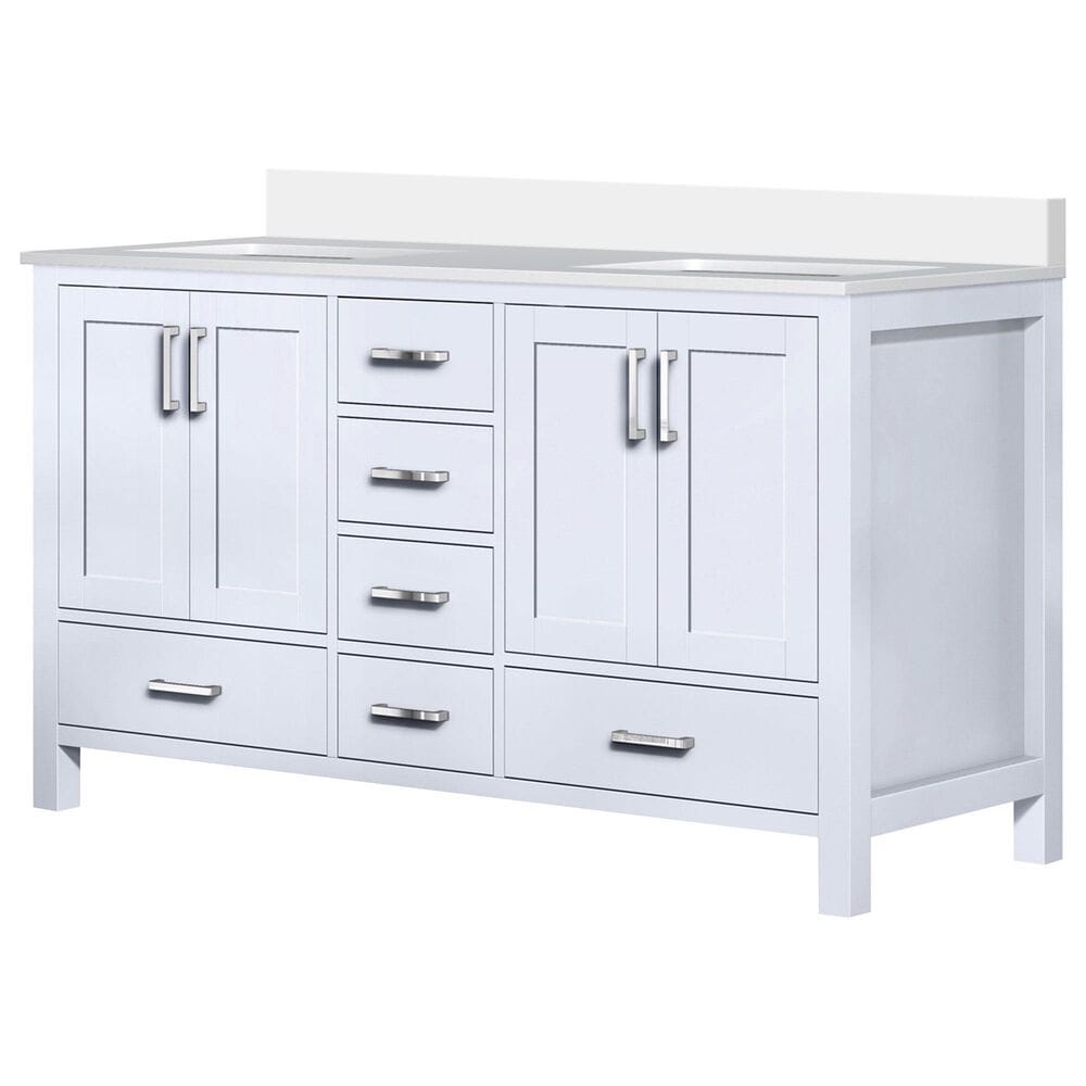Lexora Home Jacques 60" Double Bathroom Vanity in White with 2 cm White Cultured Marble Top and Rectangular Sinks, , large