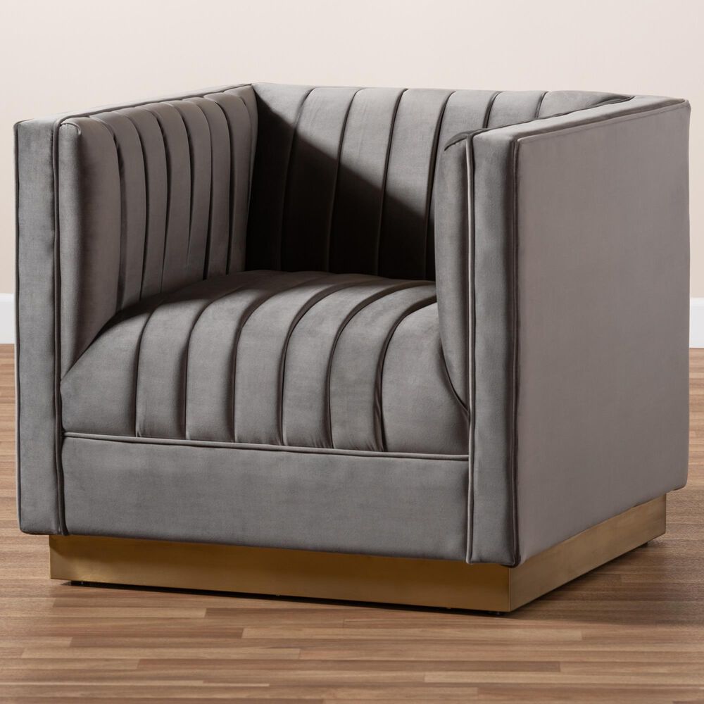 Baxton Studio Aveline Arm Chair with Brushed Gold Frame in Grey, , large