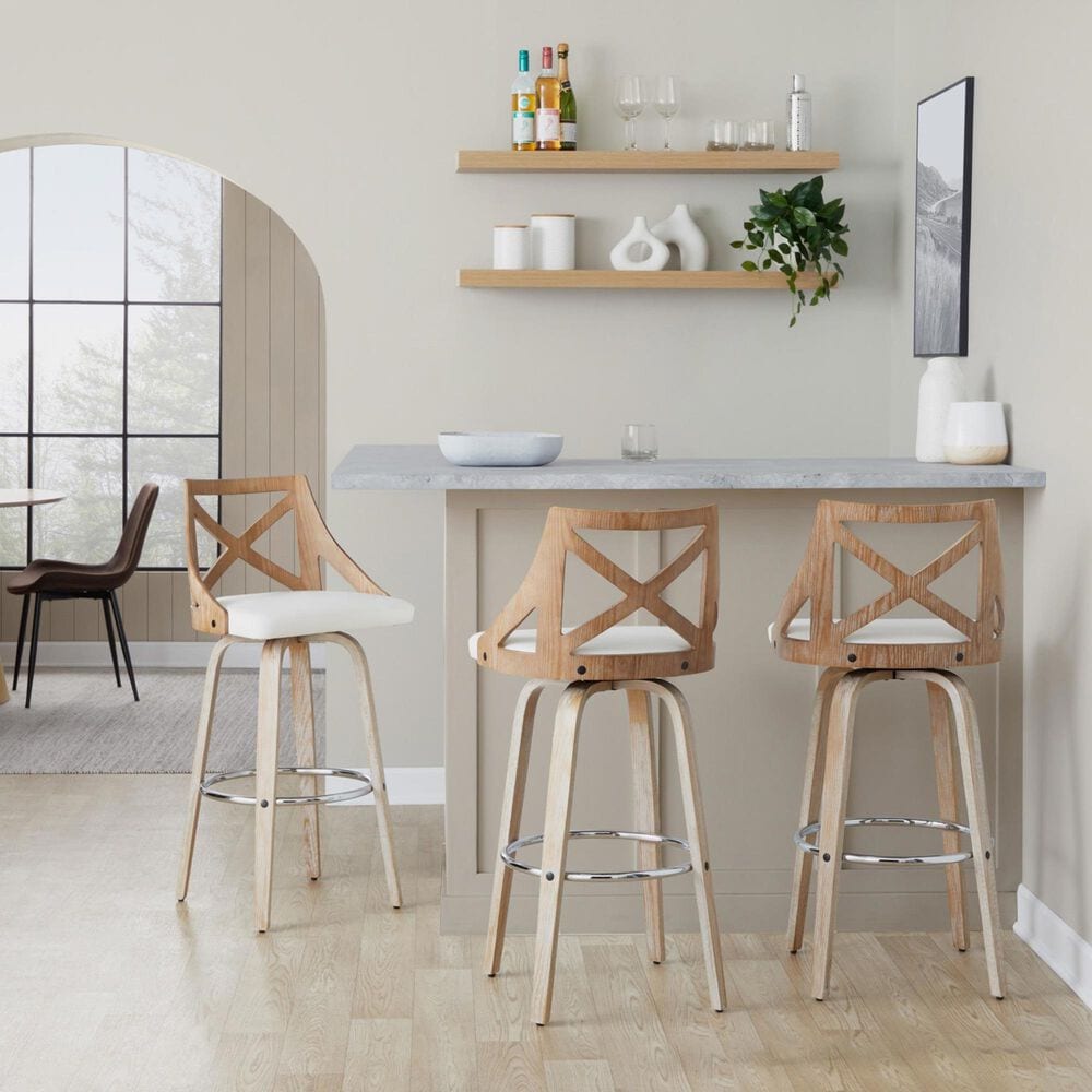 LumiSource Charlotte Swivel Bar Stool with White Faux Leather Upholstery in Whitewashed and Chrome (Set of 2), , large