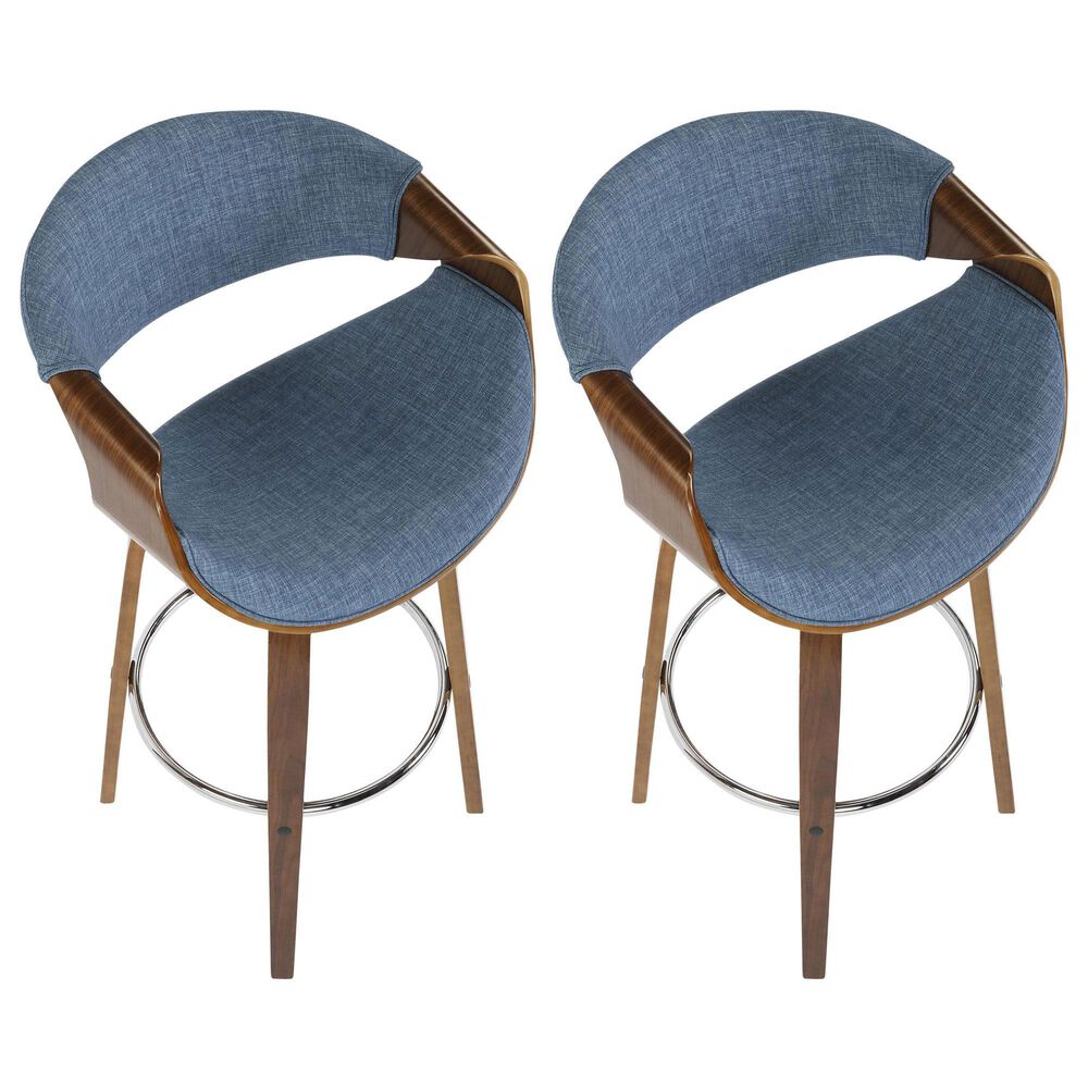 LumiSource Curvini 30" Swivel Barstool with Blue Upholstery in Walnut and Chrome (Set of 2), , large