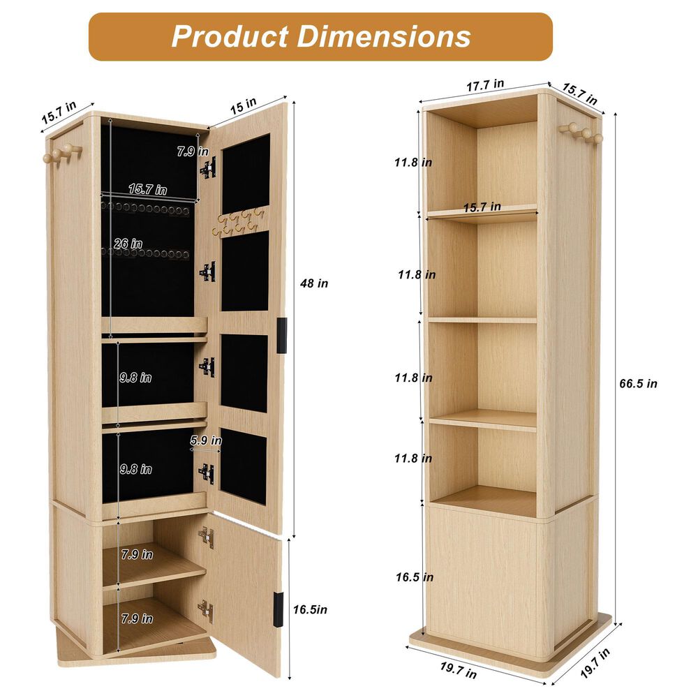 GigaCloud Rotating Jewelry Cabinet with Full-length Mirror, Coat Rack and Shelves in Walnut, , large