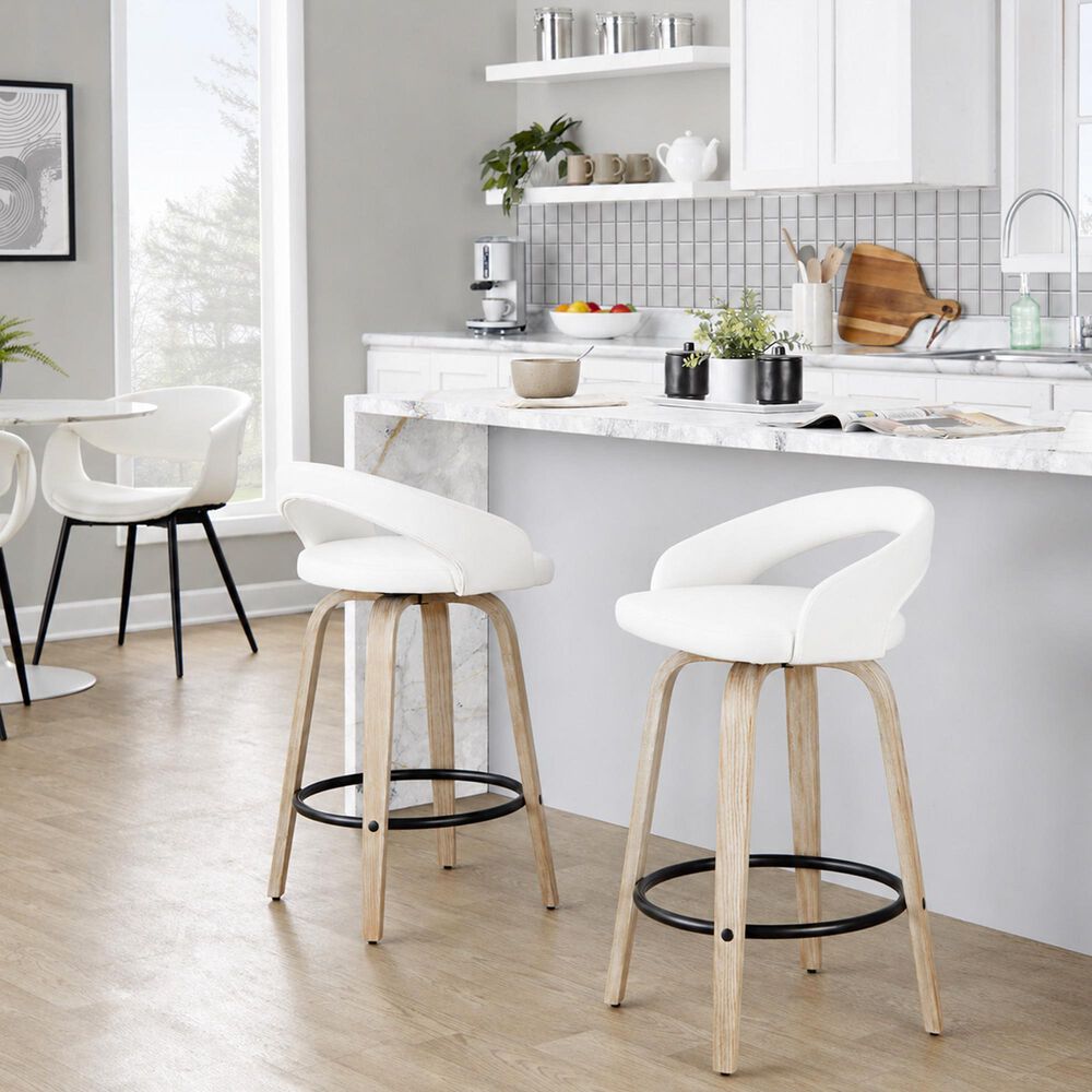 LumiSource Grotto Swivel Counter Stool with White Faux Leather Upholstery in Whitewashed Wood and Black (Set of 2), , large