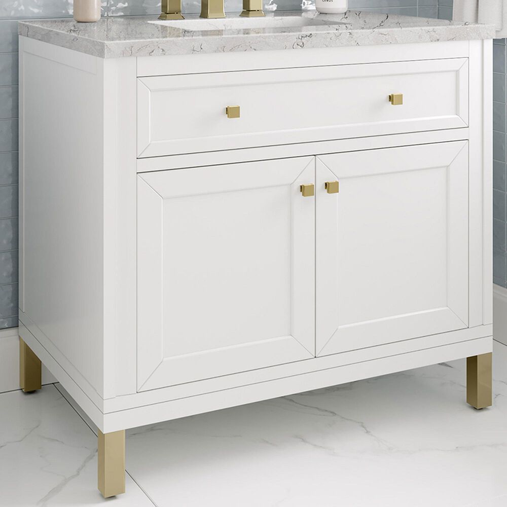 James Martin Vanities Chicago 36&quot; Single Bathroom Vanity in Glossy White with 3 cm Eternal Jasmine Pearl Quartz Top and Rectangular Sink, , large