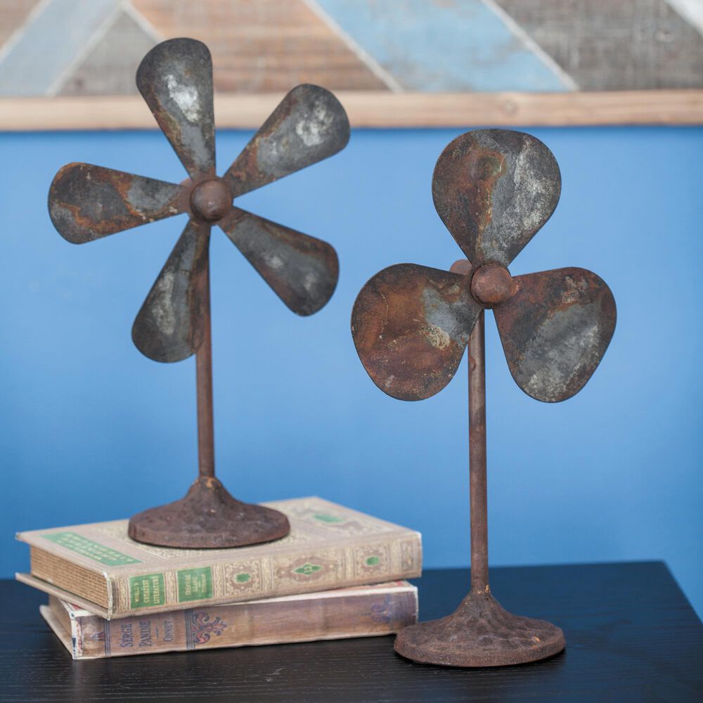 Maple and Jade Industrial Fan Sculpture in Distressed Gray and Rust Brown &#40;Set of 2&#41;, , large