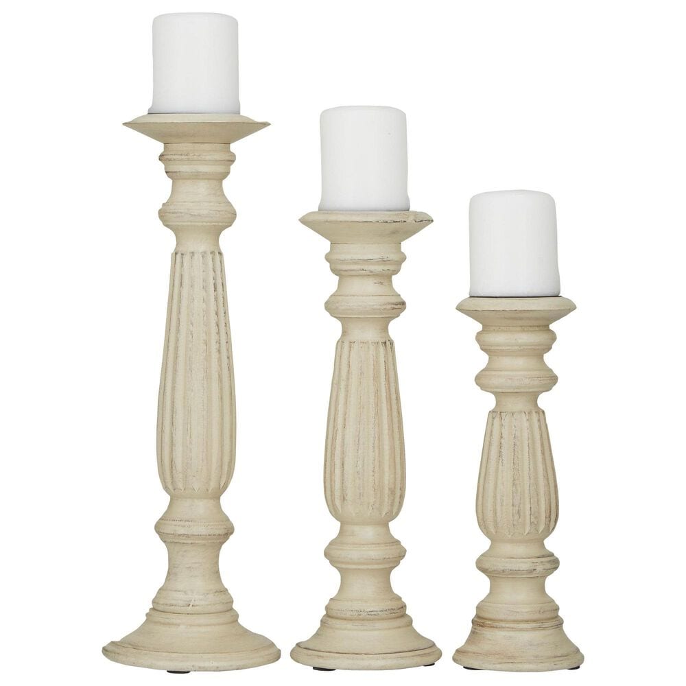 Maple and Jade 12&quot;, 15&quot;, 18&quot; Distressed Turned Pillar Decorative Candle Holder in Beige &#40;Set of 3&#41;, , large