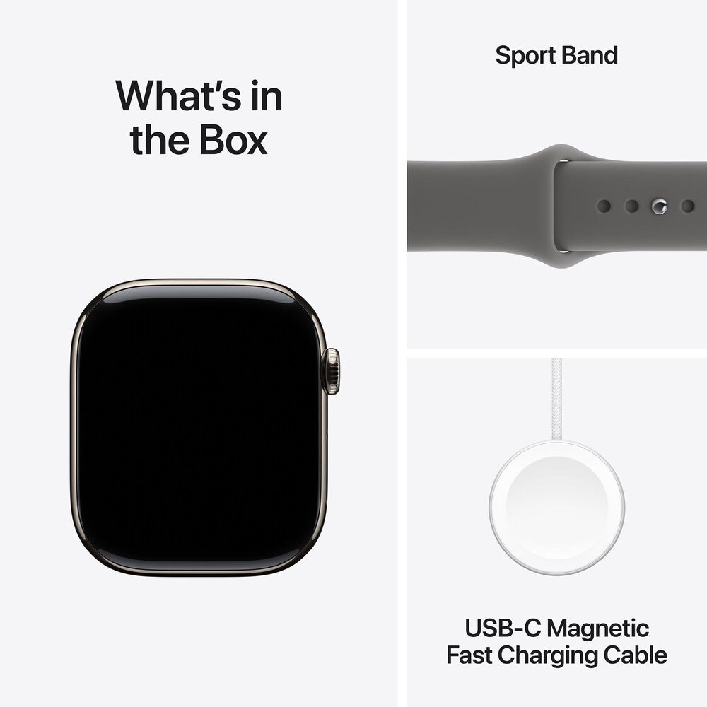 Apple Watch Series 11 (GPS+Cellular) 46mm Titanium Case with Stone Gray Sport Band - M/L in Natural and 2-Year AppleCare+, , large