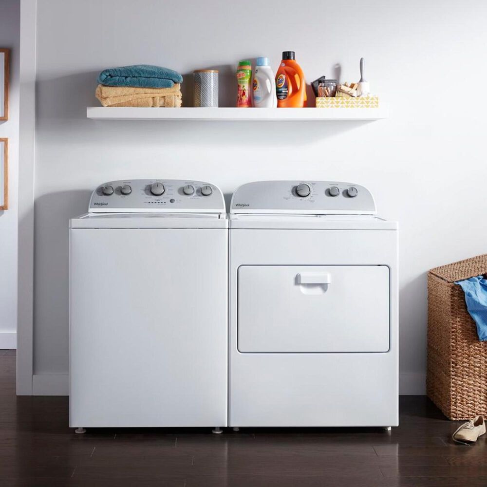 Whirlpool 3.9 Cu. Ft. Top Load Washer and a 7.0 Cu. Ft. Front Load Gas Dryer in White, , large