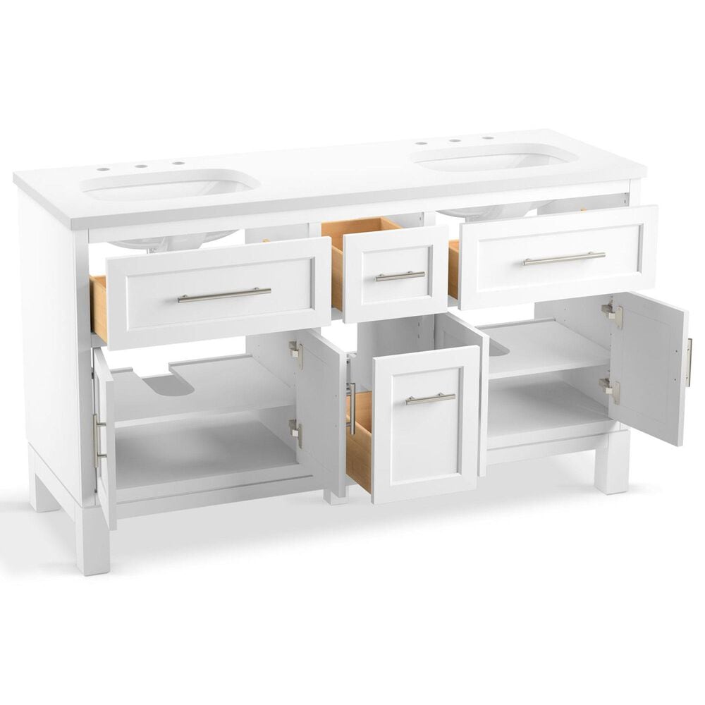 Kohler Quo 60&quot; Double Bathroom Vanity in White with 3 cm Pure White Quartz Top and Oval Sinks, , large