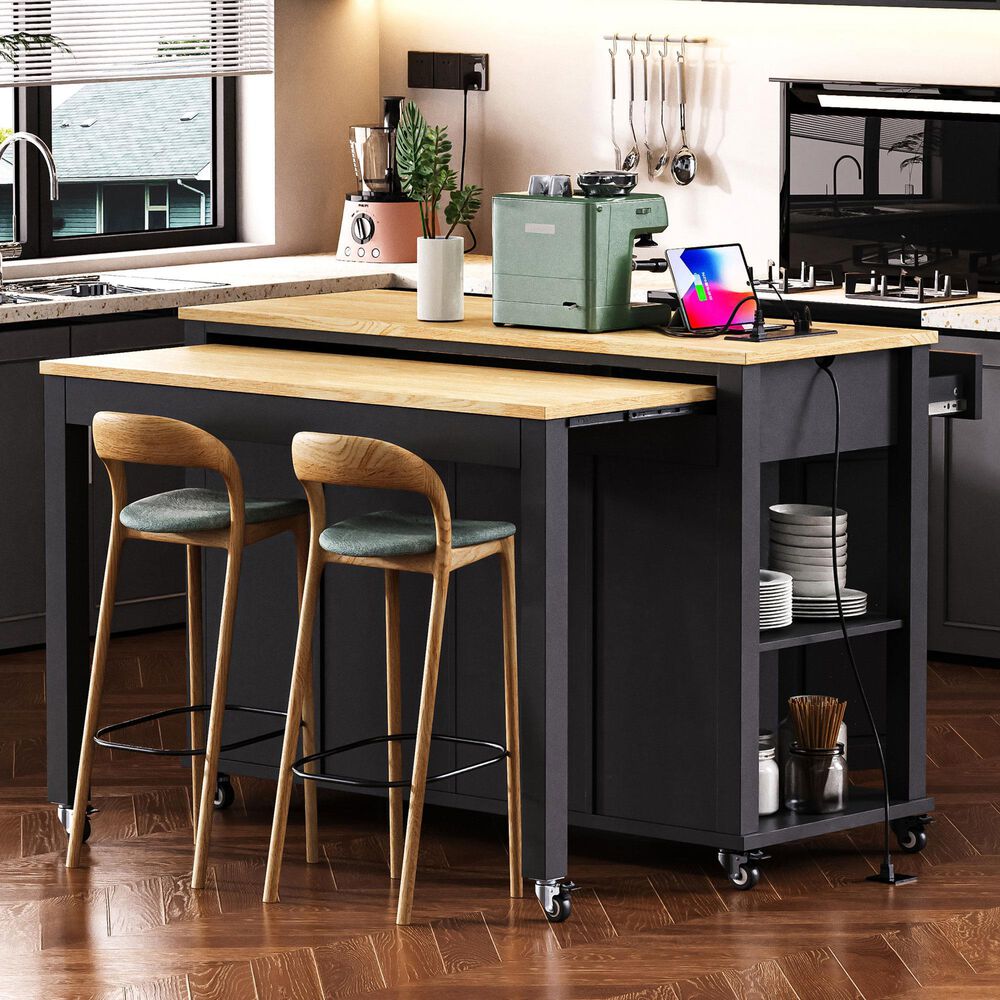 HOMLUX 47" Kitchen Island with Extendable Dining Table in Black, , large