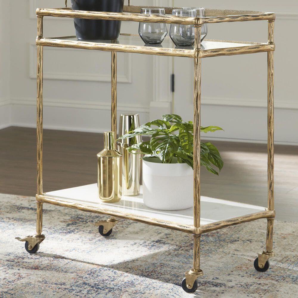 Ashley Plattfield Bar Cart in Antique Brass, White and Clear, , large