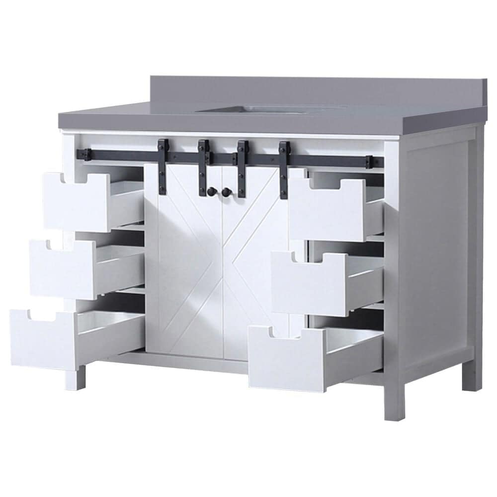 Lexora Home Marsyas 48&quot; Single Bathroom Vanity in White with Grey Quartz Top and Rectangular Sink, , large