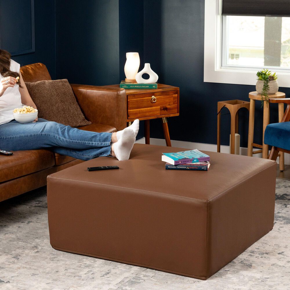Jaxx Fairlie Faux Leather Ottoman in Walnut, , large