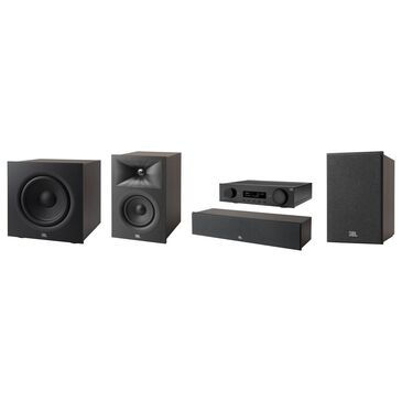 JBL 4.5 Bookshelf Loudspeaker + 4.5 Center Channel Loudspeaker + 10" Powered Subwoofer in Espresso + 5.2 Channel AV 4K Receiver in Black, , large