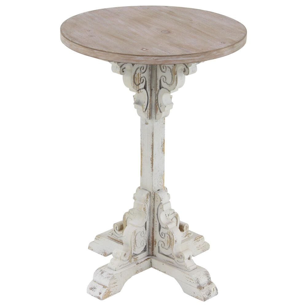 Maple and Jade Pedestal Scroll Accent End Table in Distressed White and Dark Brown, , large