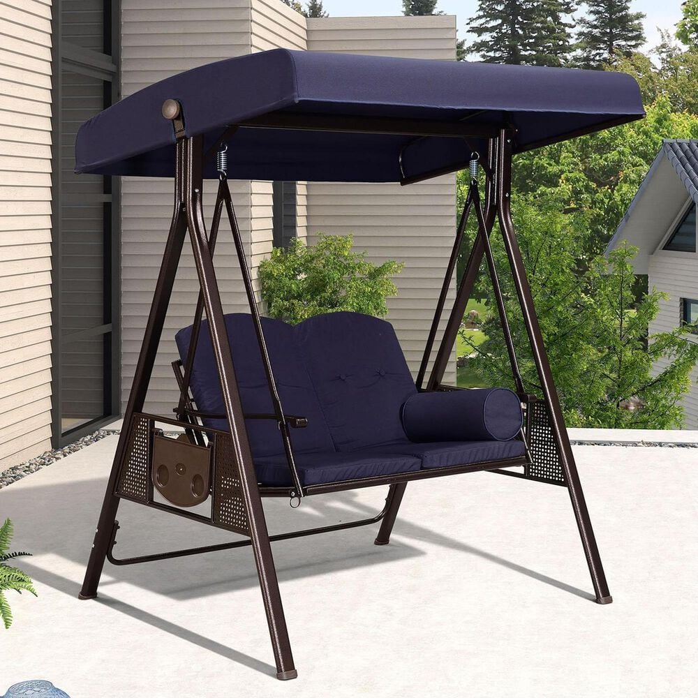 HOMLUX 2-Seat Outdoor Porch Swing with Adjustable Tilt Canopy and Foldable Tray in Navy Blue, , large