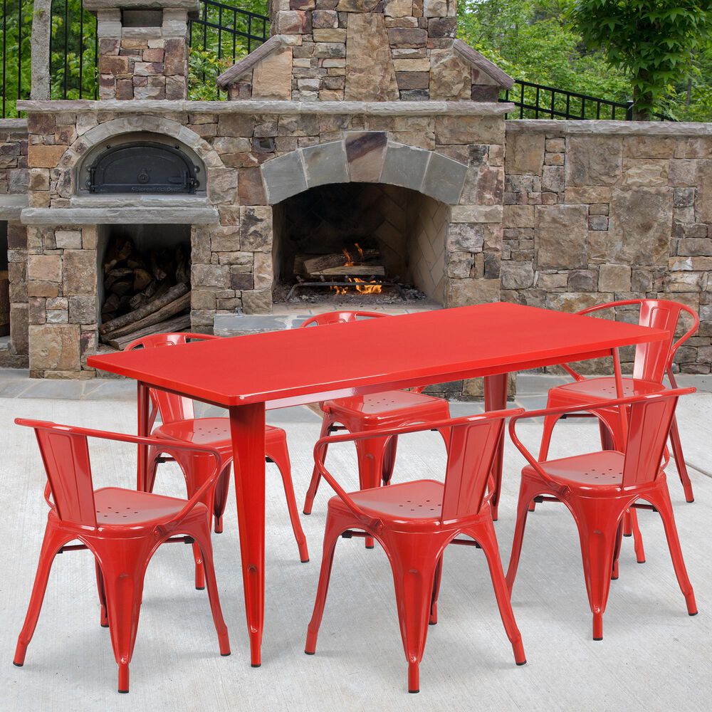 Flash Furniture 7-Piece Metal Dining Table Set in Red, , large