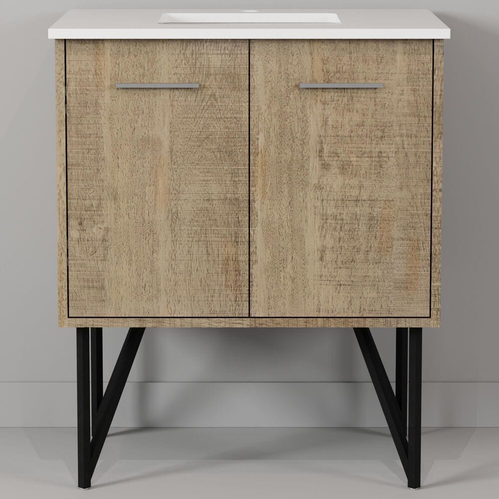 Lexora Home Lancy 30&quot; Single Bathroom Vanity in Rustic Acacia with 2 cm White Cultured Marble Top and Rectangular Sink, , large