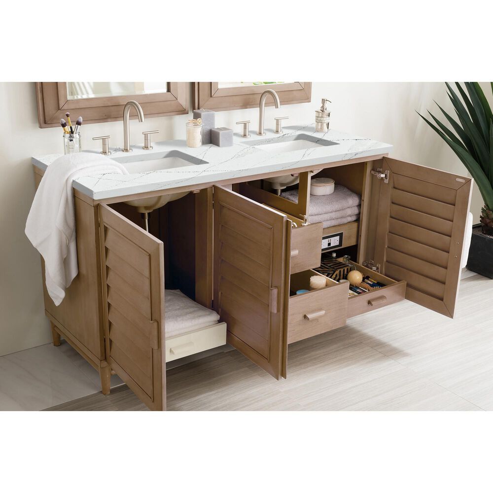 James Martin Vanities Portland 60&quot; Double Bathroom Vanity in Whitewashed Walnut with 3 cm Ethereal Noctis Quartz Top and Rectangular Sinks, , large