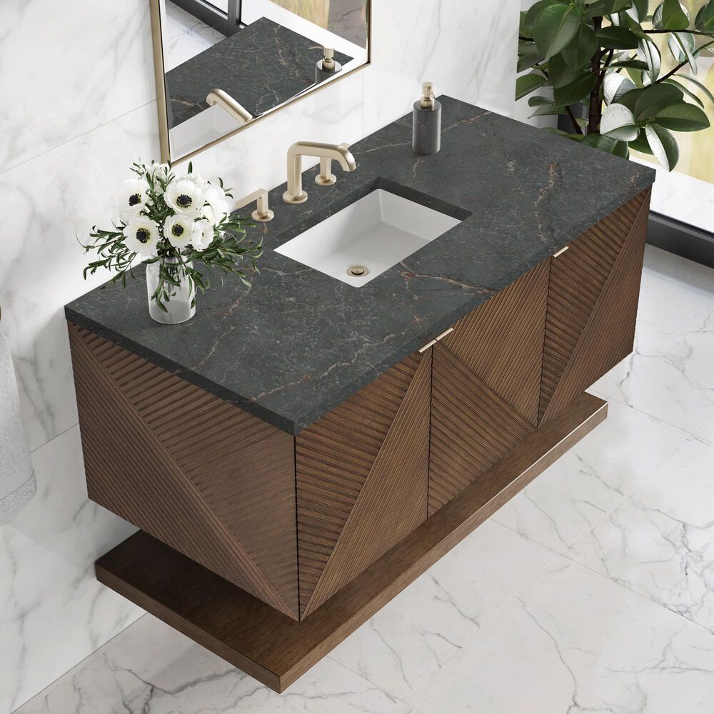 James Martin Vanities Marcello 48" Single Bathroom Vanity in Chestnut with 3 cm Parisien Bleu Quartz Top, Rectangular Sink and FreePower Wireless Charger, , large