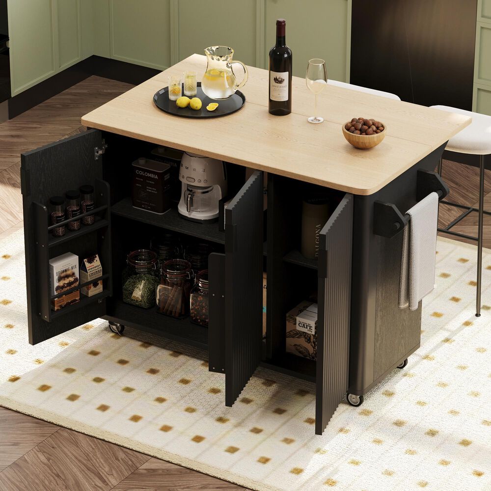HOMLUX 51" Fluted Kitchen Island with Drop Leaf in Black Ash, , large