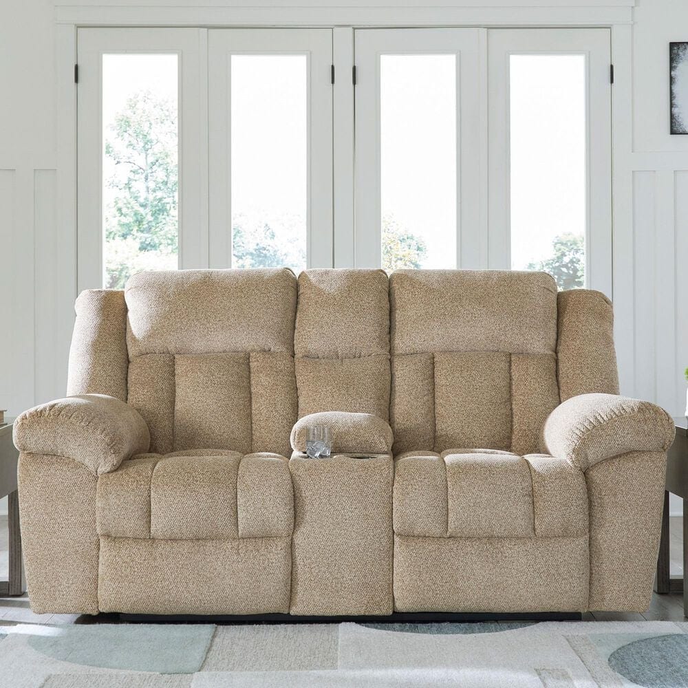 Ashley Tip-Off Power Reclining Loveseat with Adjustable Headrest in Wheat, , large