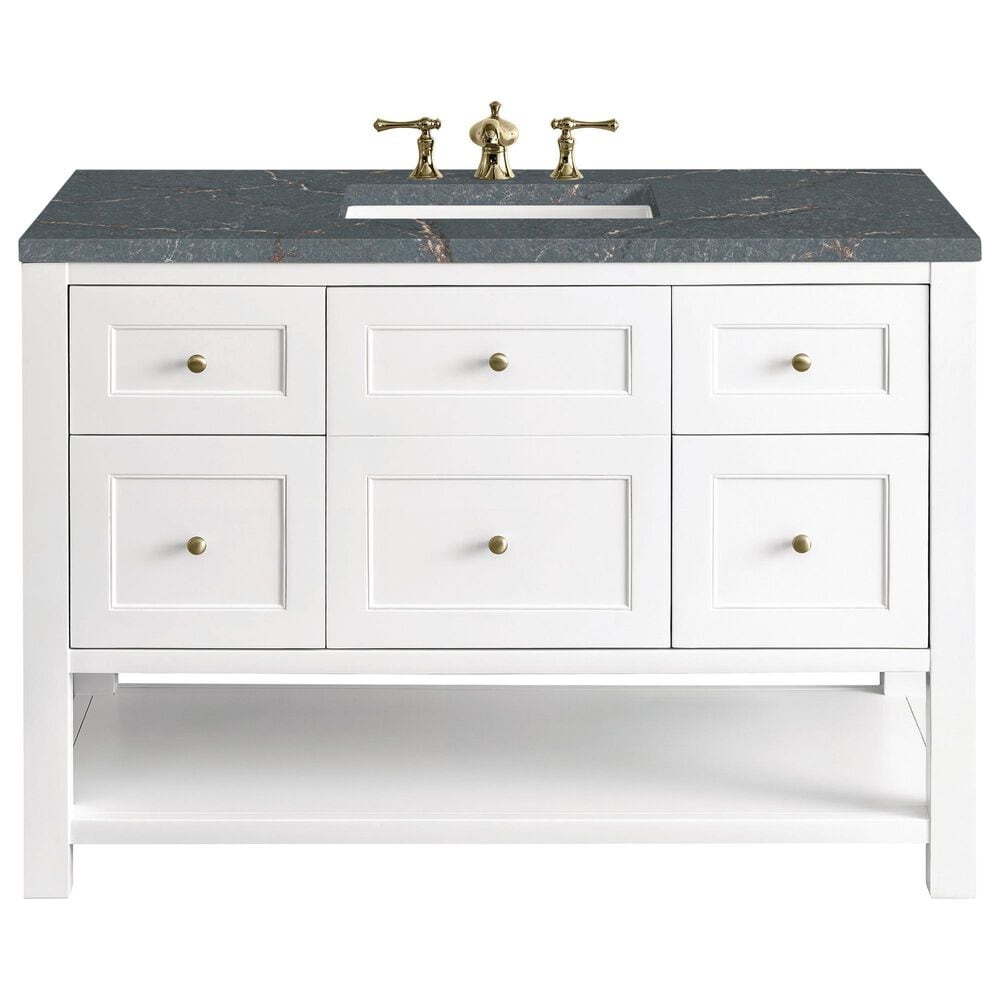James Martin Vanities Breckenridge 48" Single Bathroom Vanity in Bright White with 3 cm Parisien Bleu Quartz Top and Rectangular Sink, , large