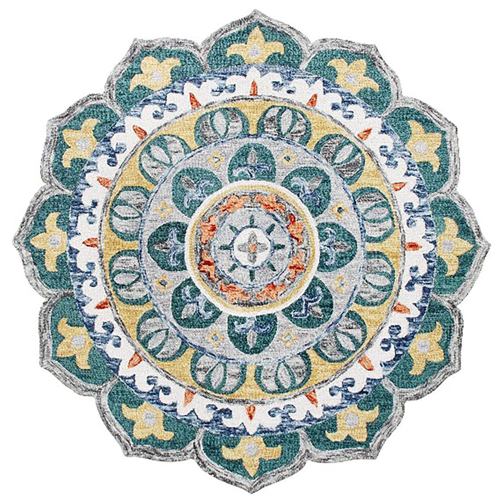 L&R Resources Sinuous Radiant Mandala Medallion 6" Scalloped Teal, Yellow, White and Orange Area Rug, , large