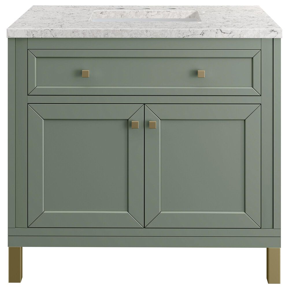 James Martin Vanities Chicago 36&quot; Single Bathroom Vanity in Smokey Celadon with 3 cm Eternal Jasmine Pearl Quartz Top and Rectangular Sink, , large