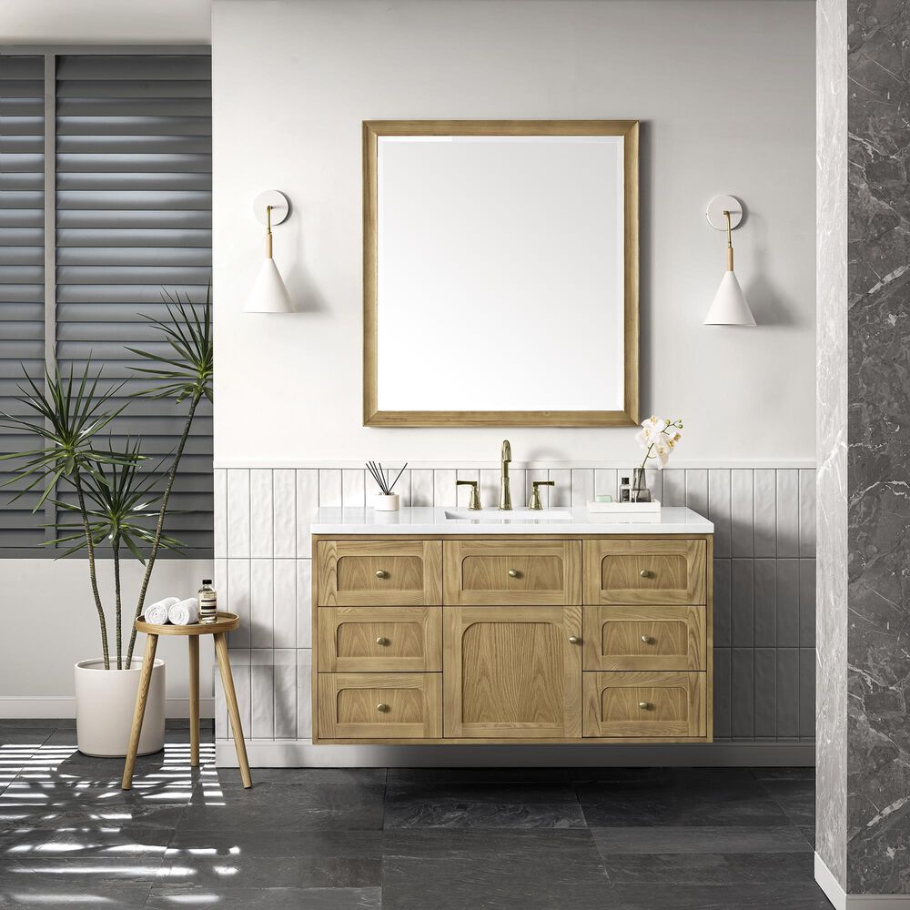 James Martin Vanities Laurent 48&quot; Single Bathroom Vanity in Light Natural Oak with 3 cm White Zeus Quartz Top and Rectangular Sink, , large