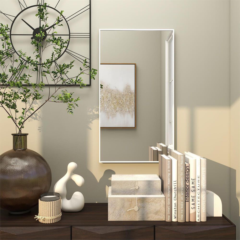 Maple and Jade 32&quot; x 18&quot; Rectangular Wood Wall Mirror with Thin Minimalistic Frame in Matte White, , large