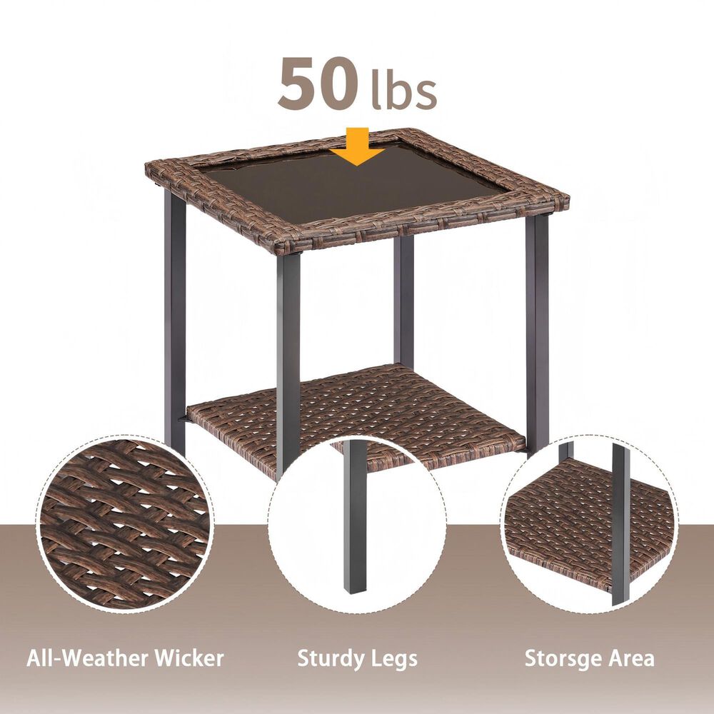 Sunwell Garden 18" Patio Square Side Table with Glass Top in Brown, , large