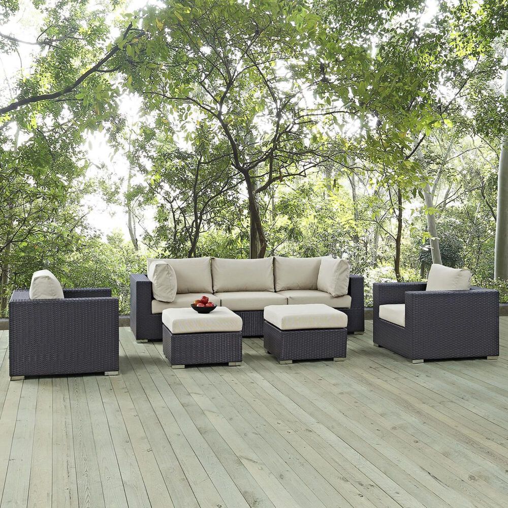 Modway Convene 7-Piece Outdoor Patio Conversation Set in Espresso and Beige, , large