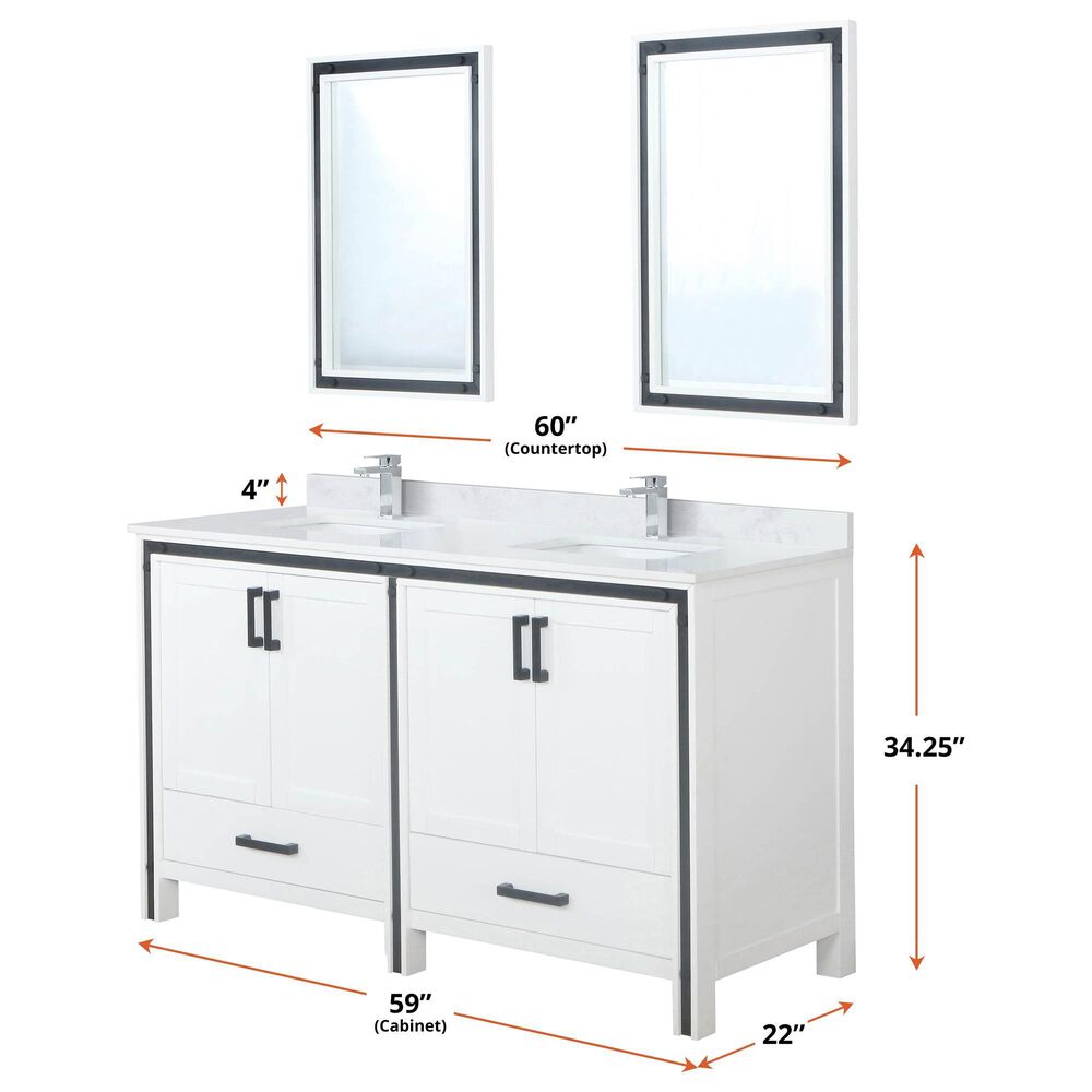 Lexora Home Ziva 60&quot; Double Bathroom Vanity in White with 2 cm White Cultured Marble Top and Rectangular Sinks, , large