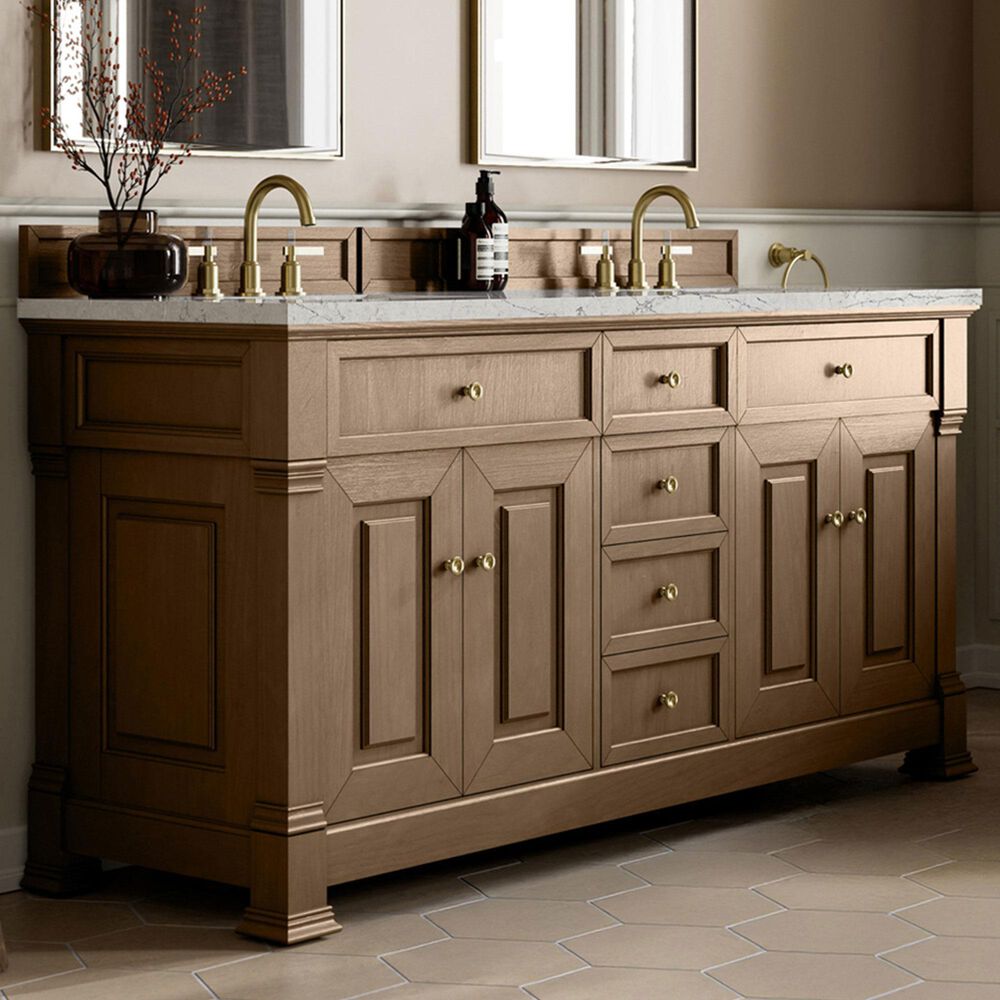 James Martin Vanities Brookfield 72&quot; Double Bathroom Vanity in Pecan with 3cm Eternal Jasmine Pearl Quartz Top and Rectangular Sinks, , large