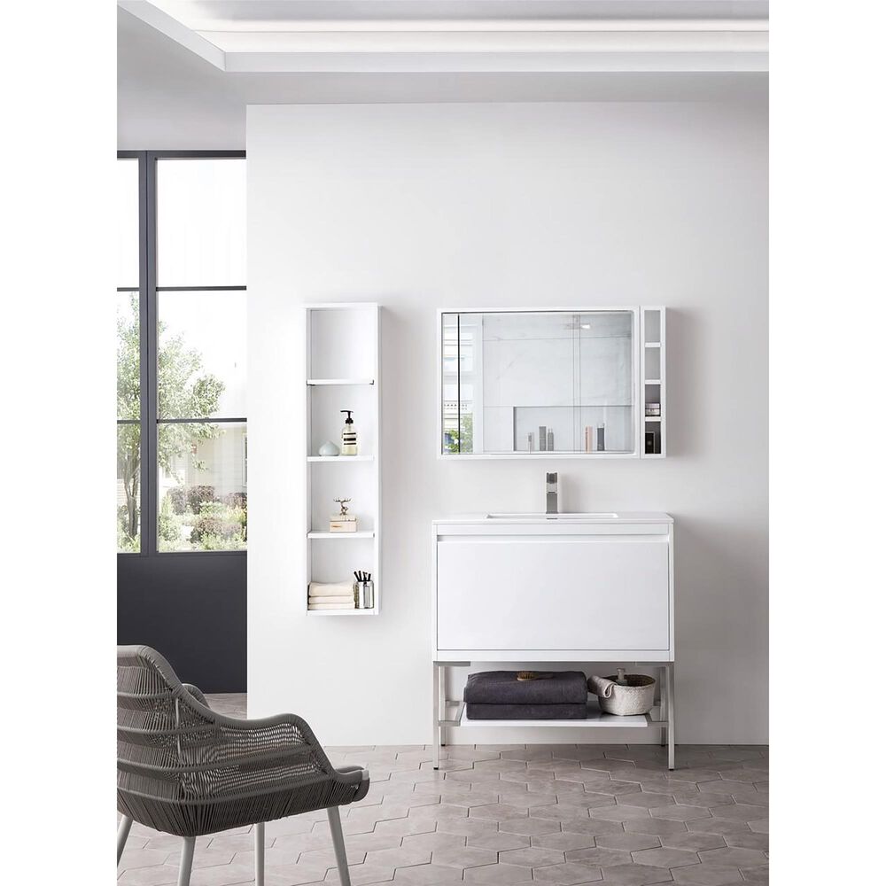 James Martin Vanities Mantova 35.4&quot; Single Bathroom Vanity in Glossy White and Brushed Nickel with 2 cm Glossy White Solid Surface Top and Rectangular Sink, , large