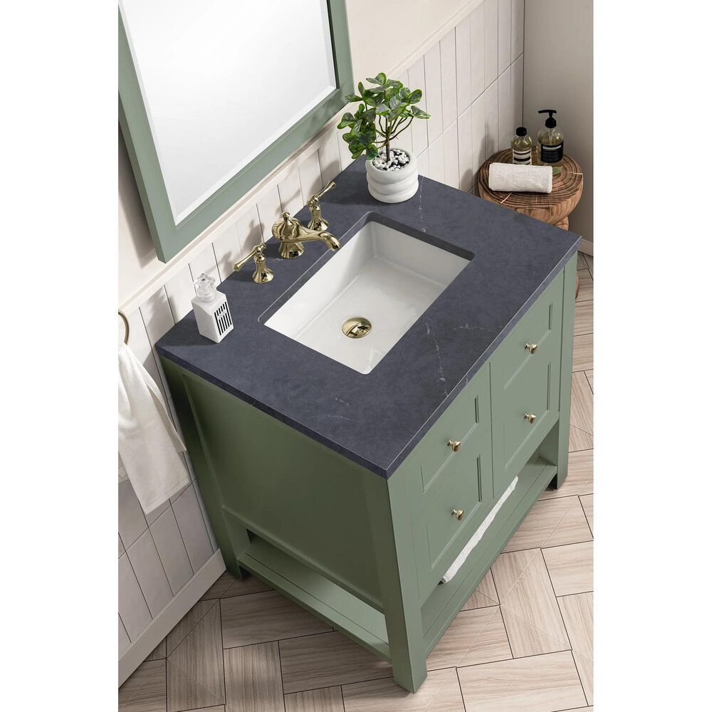 James Martin Vanities Breckenridge 30&quot; Single Bathroom Vanity in Smokey Celadon with 3 cm Charcoal Soapstone Quartz Top and Rectangular Sink, , large