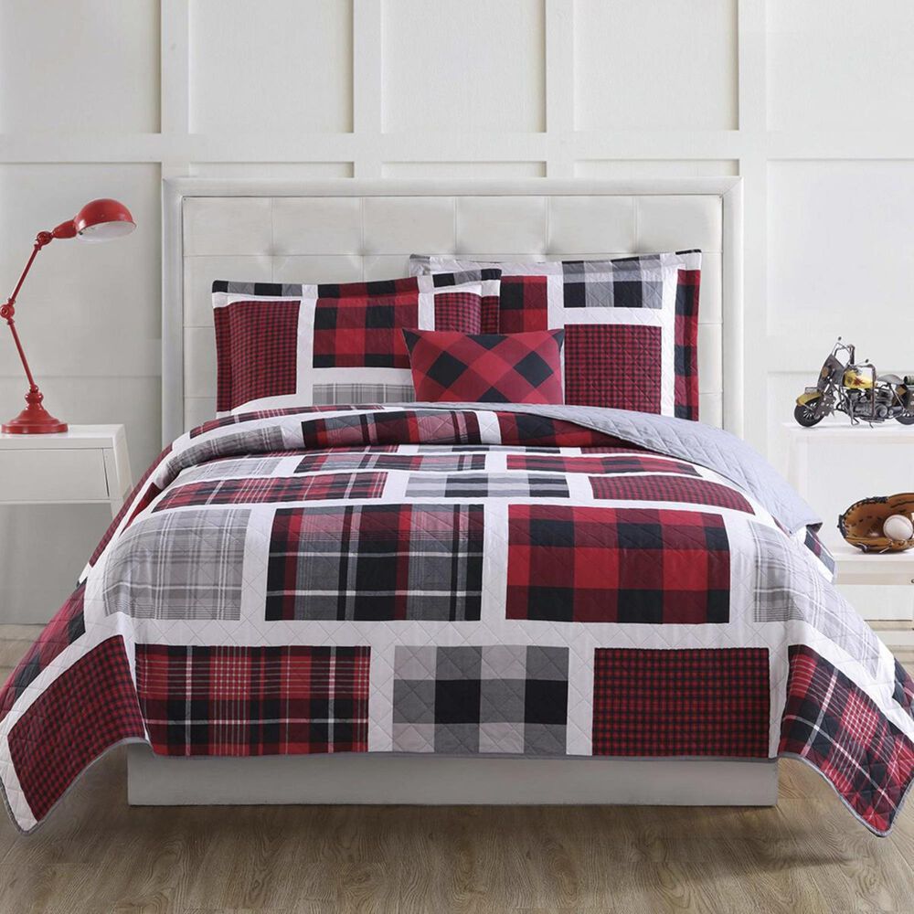 Pem America My World Kids 3-Piece Twin Buffalo Plaid Quilt Set in Red and Black, , large