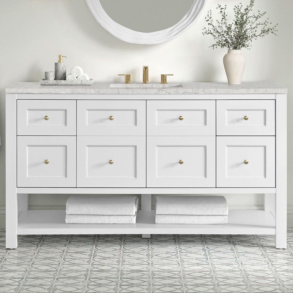 James Martin Vanities Breckenridge 60" Single Bathroom Vanity in Bright White with 3 cm Eternal Jasmine Pearl Quartz Top, Rectangular Sink and FreePower Wireless Charger, , large