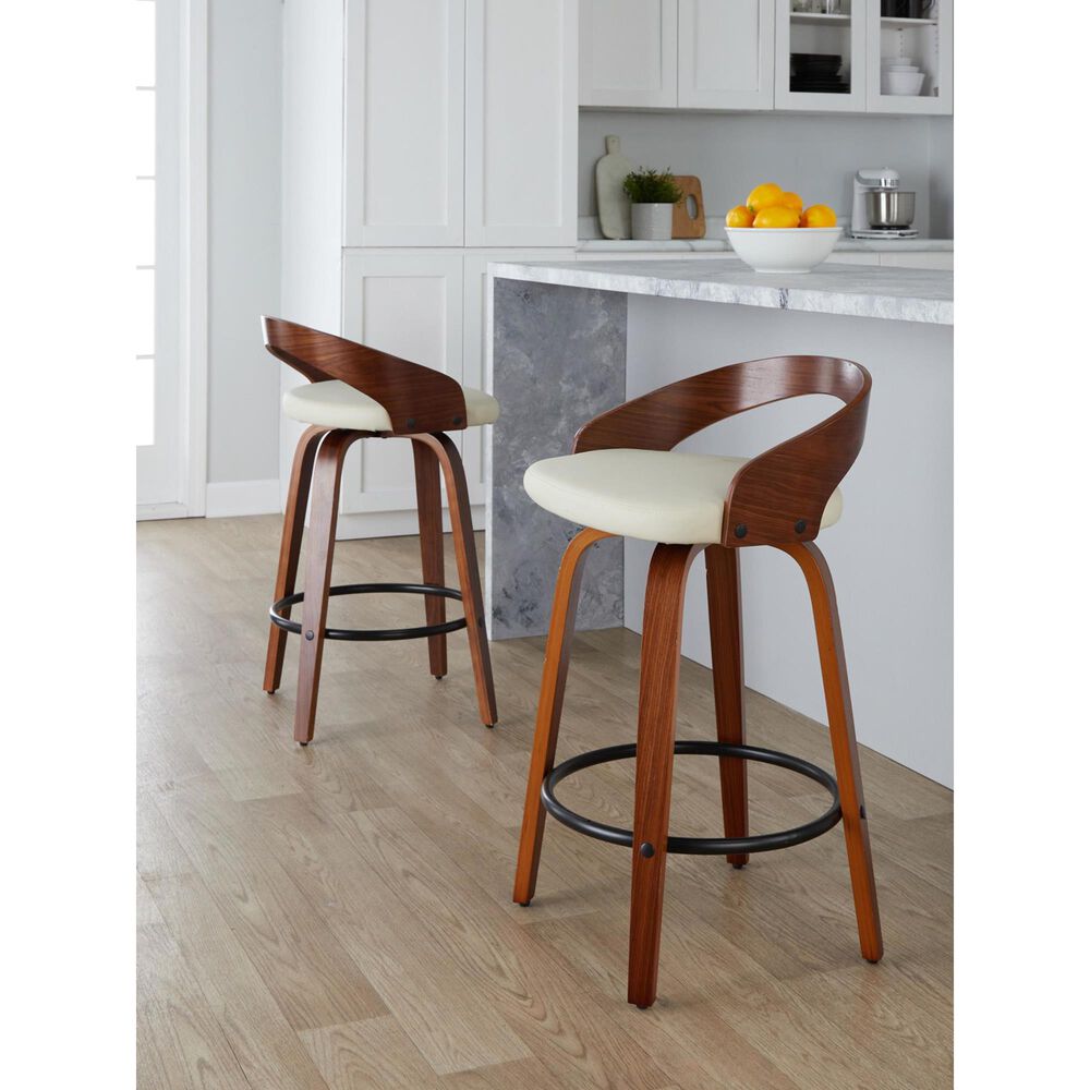 LumiSource Grotto 26" Swivel Counter Stool with Cream Faux Leather Upholstery in Walnut and Black (Set of 2), , large