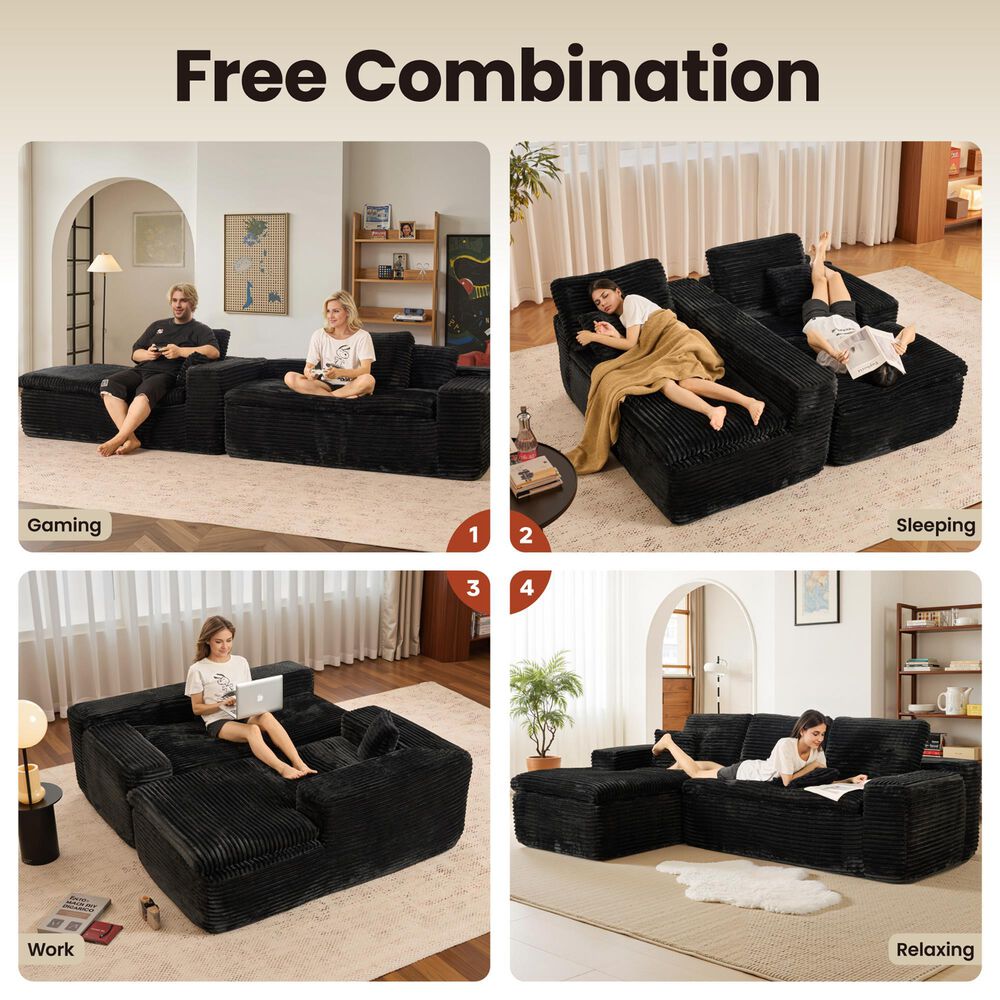 HOMLUX 105.5" Zero Assembly Sofa with Ergonomic Chaise Sectional in Black, , large