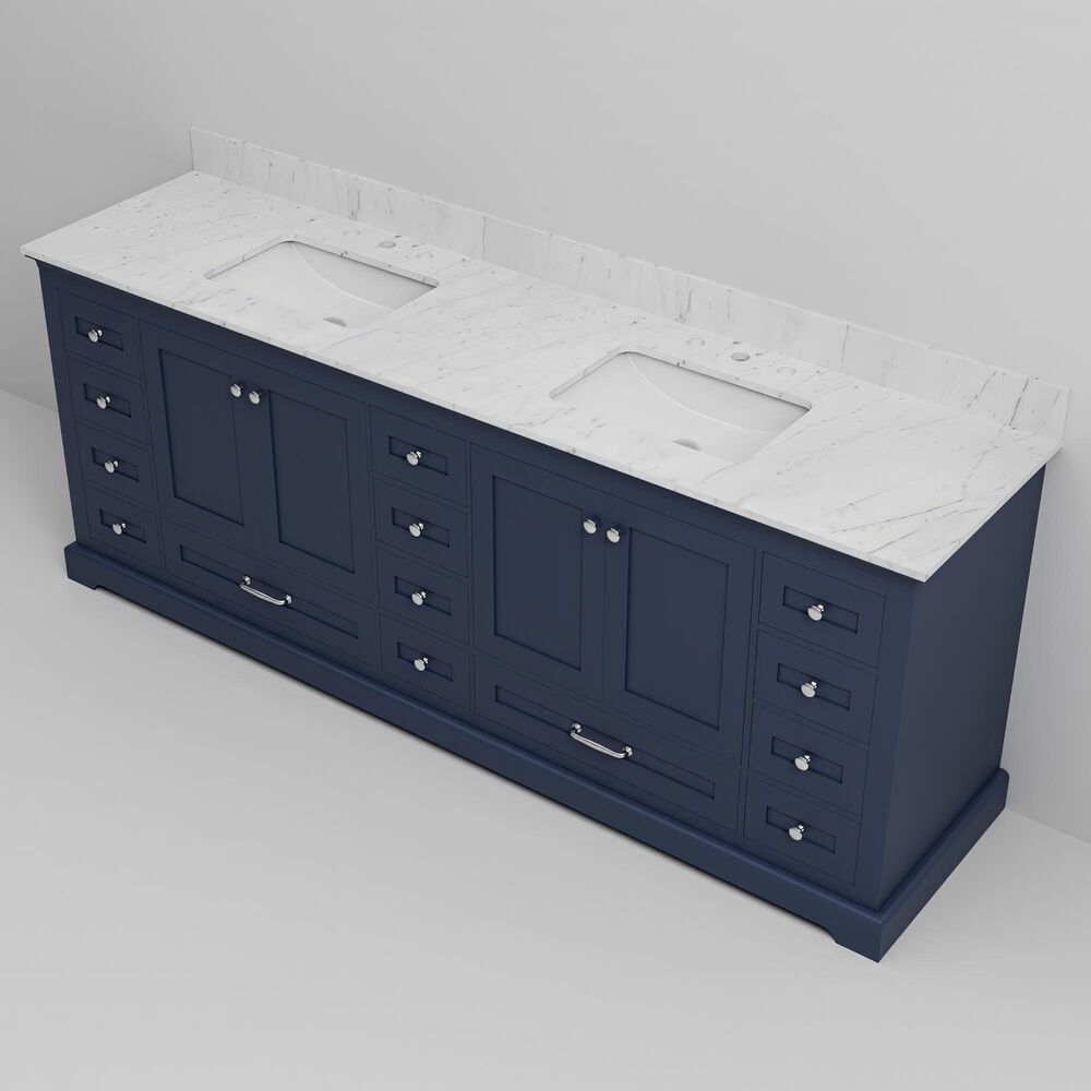 Lexora Home Dukes 84" Double Bathroom Vanity in Navy Blue with 2 cm White Carrara Marble Top and Rectangular Sinks, , large