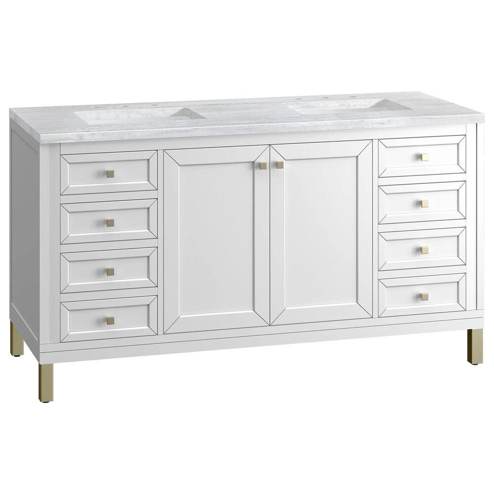 James Martin Vanities Chicago 60&quot; Double Bathroom Vanity in Glossy White with 3 cm Arctic Fall Solid Surface Top and Rectangular Sinks, , large