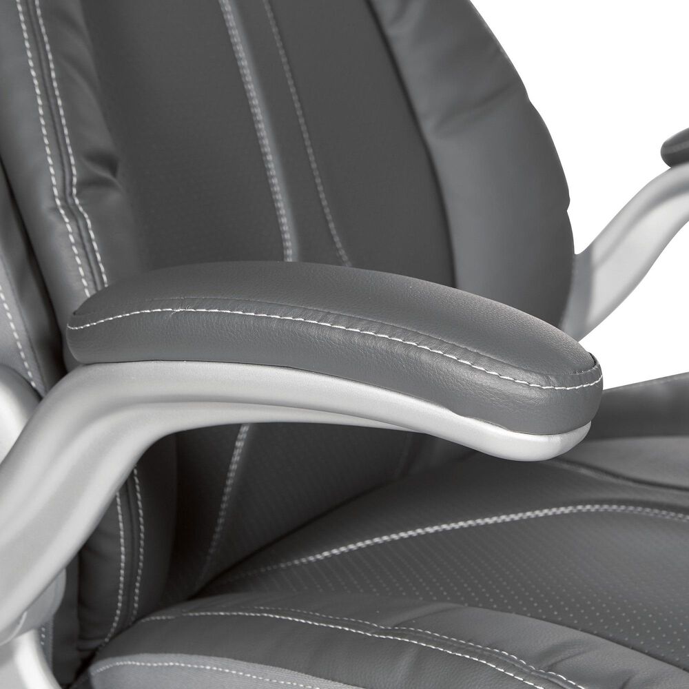 OSP Home Deluxe Bonded Leather Executive Chair with Gray Cushion with Silver Finish, , large