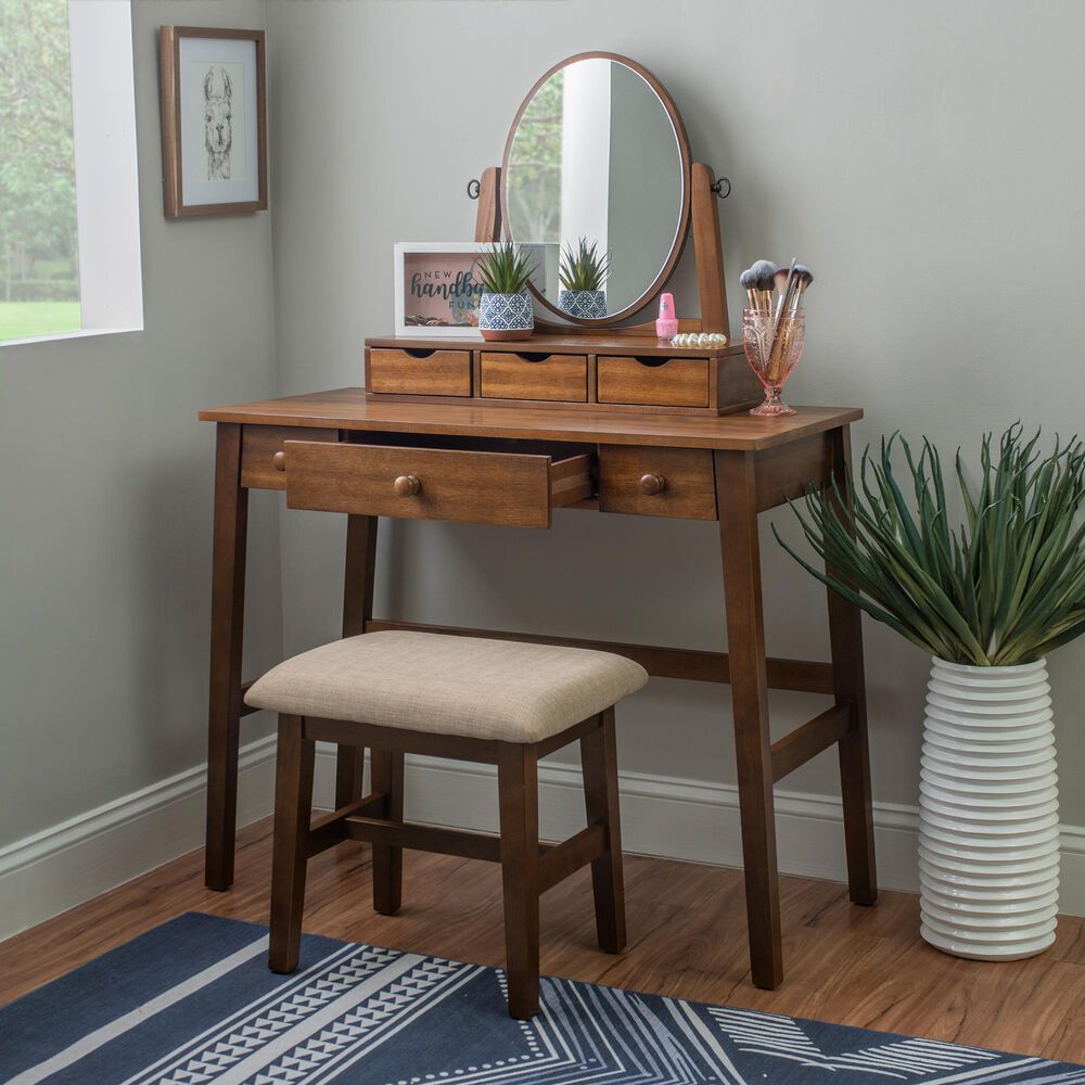 Linon Home Decor Lorna Vanity with Stool in Walnut, , large