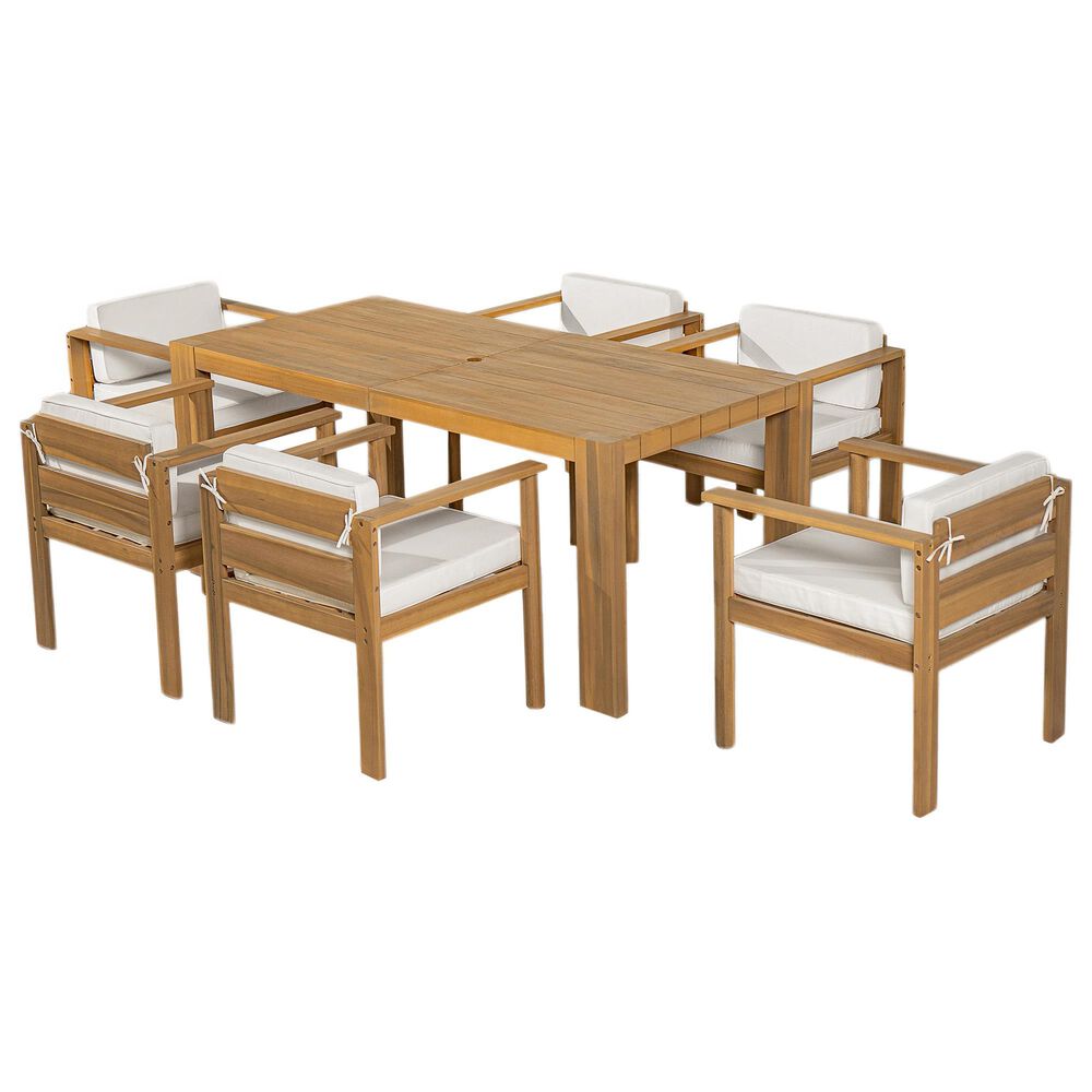 Hearth and Haven 7-Piece Outdoor Dining Set with Beige Cushions in Light Teak, , large